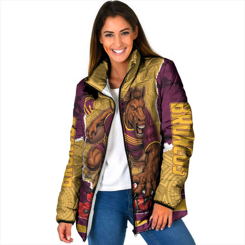 Personalized Brisbane Broncos ANZAC Tribute Padded Jacket Poppy Field Soldier Silhouette Aboriginal Rugby Mascot