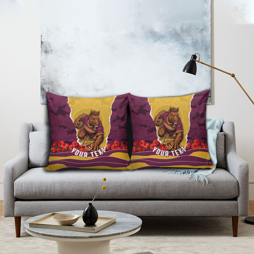 Personalized Brisbane Broncos ANZAC Tribute Pillow Cover Poppy Field Soldier Silhouette Aboriginal Rugby Mascot