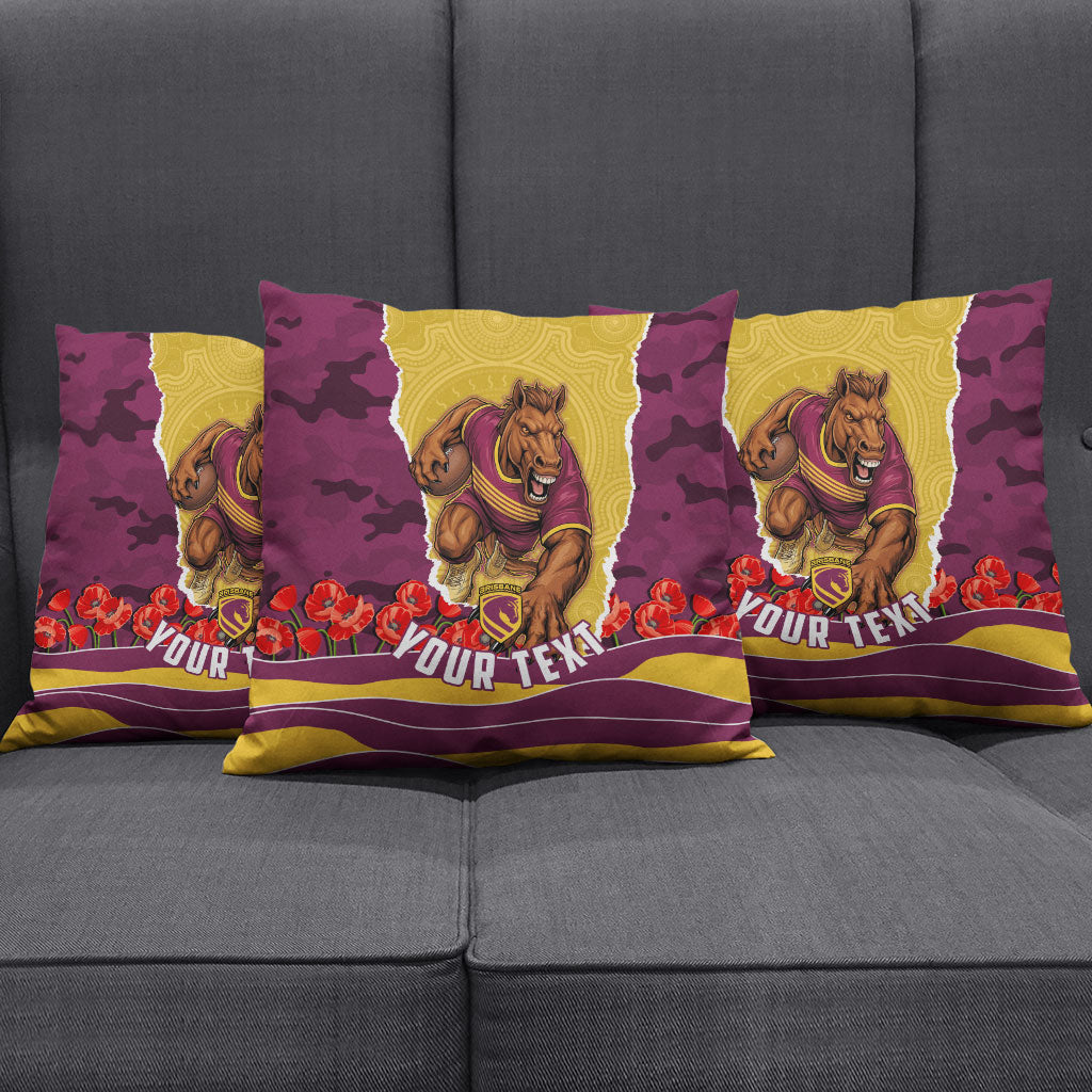 Personalized Brisbane Broncos ANZAC Tribute Pillow Cover Poppy Field Soldier Silhouette Aboriginal Rugby Mascot
