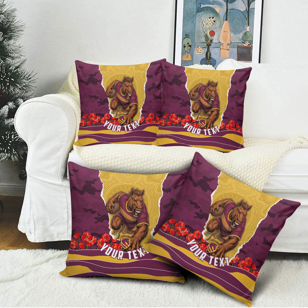 Personalized Brisbane Broncos ANZAC Tribute Pillow Cover Poppy Field Soldier Silhouette Aboriginal Rugby Mascot