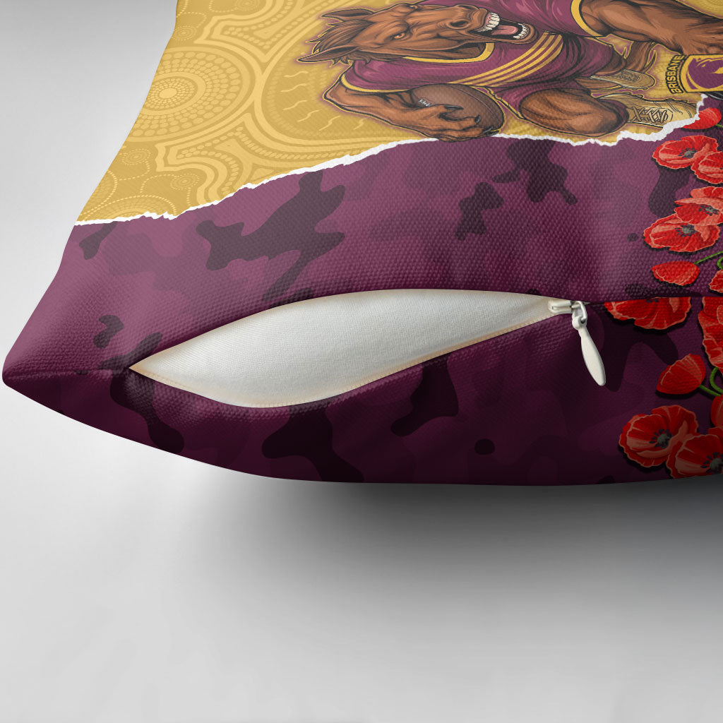 Personalized Brisbane Broncos ANZAC Tribute Pillow Cover Poppy Field Soldier Silhouette Aboriginal Rugby Mascot