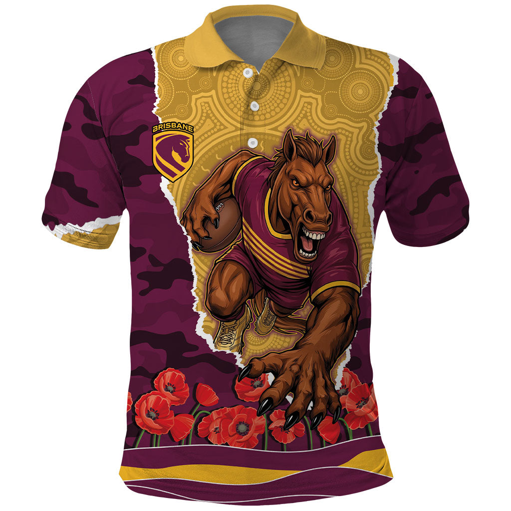 Personalized Brisbane Broncos ANZAC Tribute Polo Shirt Poppy Field Soldier Silhouette Aboriginal Rugby Mascot