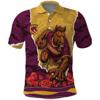 Personalized Brisbane Broncos ANZAC Tribute Polo Shirt Poppy Field Soldier Silhouette Aboriginal Rugby Mascot