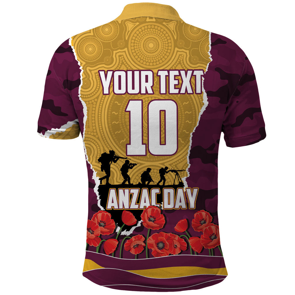 Personalized Brisbane Broncos ANZAC Tribute Polo Shirt Poppy Field Soldier Silhouette Aboriginal Rugby Mascot