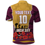 Personalized Brisbane Broncos ANZAC Tribute Polo Shirt Poppy Field Soldier Silhouette Aboriginal Rugby Mascot