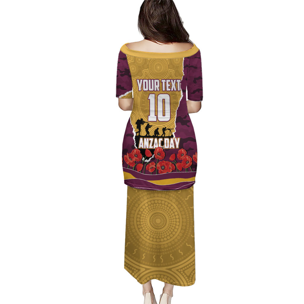 Personalized Brisbane Broncos ANZAC Tribute Puletasi Poppy Field Soldier Silhouette Aboriginal Rugby Mascot