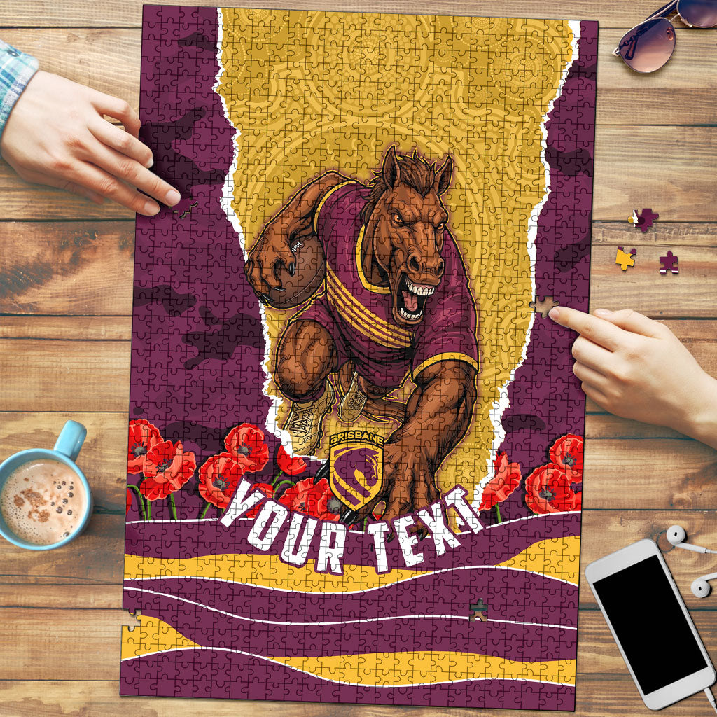Personalized Brisbane Broncos ANZAC Tribute Puzzle Poppy Field Soldier Silhouette Aboriginal Rugby Mascot