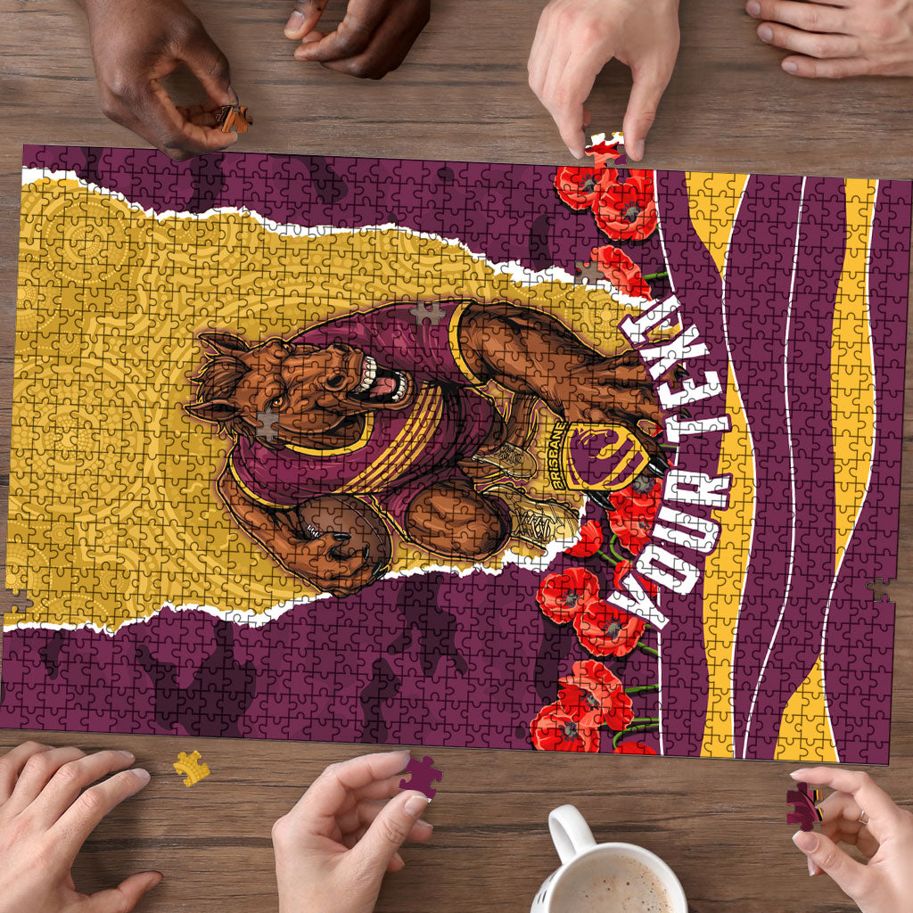 Personalized Brisbane Broncos ANZAC Tribute Puzzle Poppy Field Soldier Silhouette Aboriginal Rugby Mascot