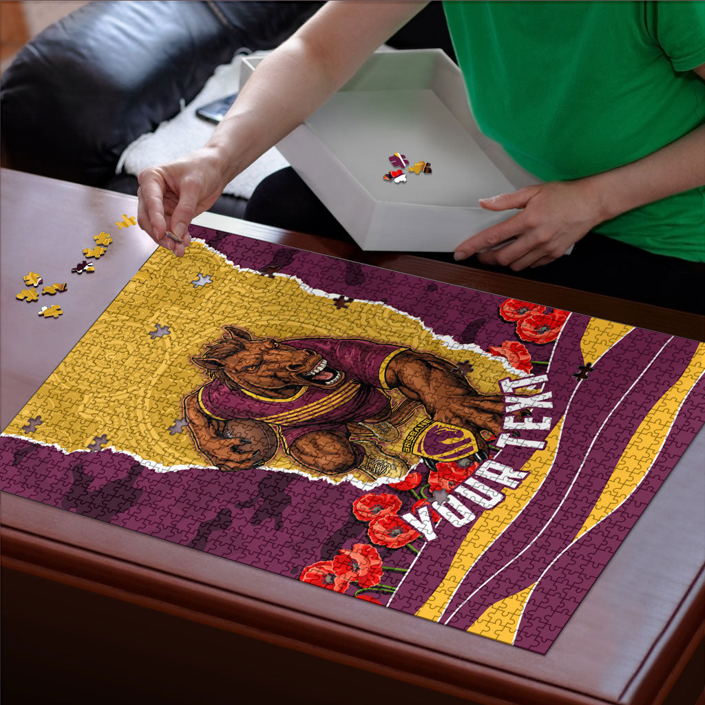 Personalized Brisbane Broncos ANZAC Tribute Puzzle Poppy Field Soldier Silhouette Aboriginal Rugby Mascot