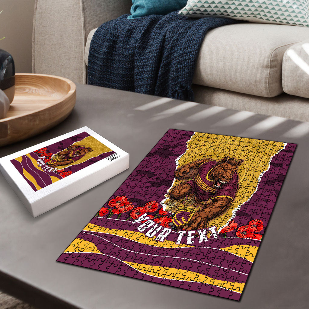 Personalized Brisbane Broncos ANZAC Tribute Puzzle Poppy Field Soldier Silhouette Aboriginal Rugby Mascot