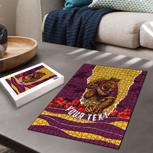 Personalized Brisbane Broncos ANZAC Tribute Puzzle Poppy Field Soldier Silhouette Aboriginal Rugby Mascot