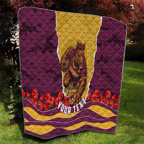 Personalized Brisbane Broncos ANZAC Tribute Quilt Poppy Field Soldier Silhouette Aboriginal Rugby Mascot