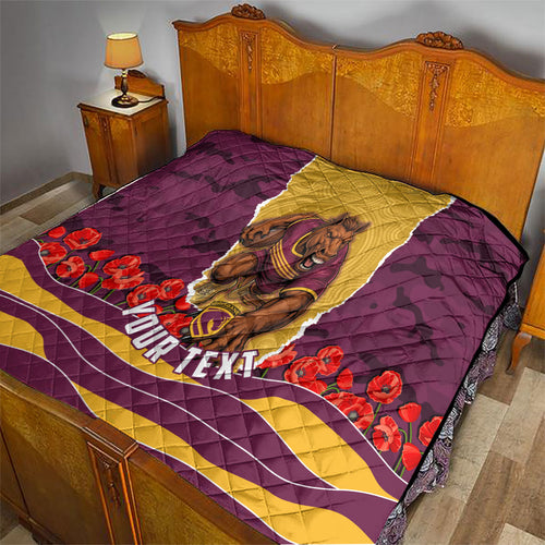 Personalized Brisbane Broncos ANZAC Tribute Quilt Poppy Field Soldier Silhouette Aboriginal Rugby Mascot