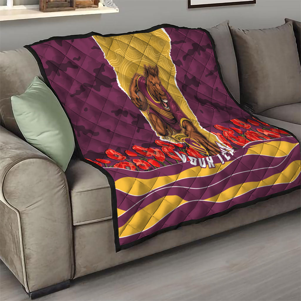 Personalized Brisbane Broncos ANZAC Tribute Quilt Poppy Field Soldier Silhouette Aboriginal Rugby Mascot