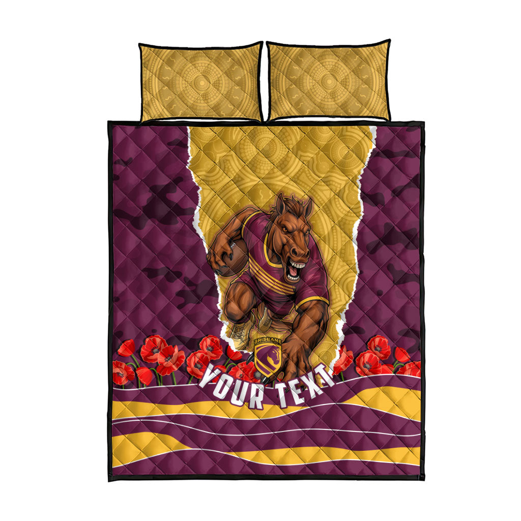 Personalized Brisbane Broncos ANZAC Tribute Quilt Bed Set Poppy Field Soldier Silhouette Aboriginal Rugby Mascot