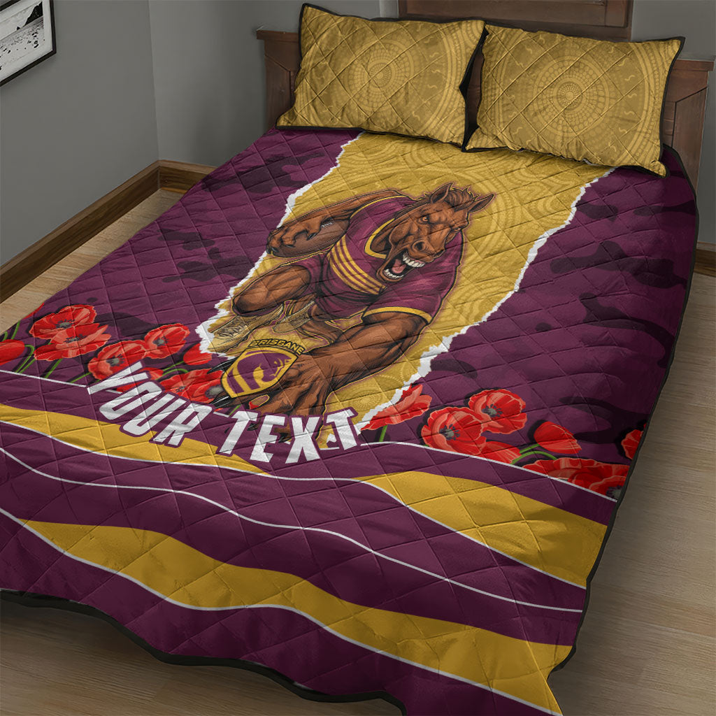Personalized Brisbane Broncos ANZAC Tribute Quilt Bed Set Poppy Field Soldier Silhouette Aboriginal Rugby Mascot