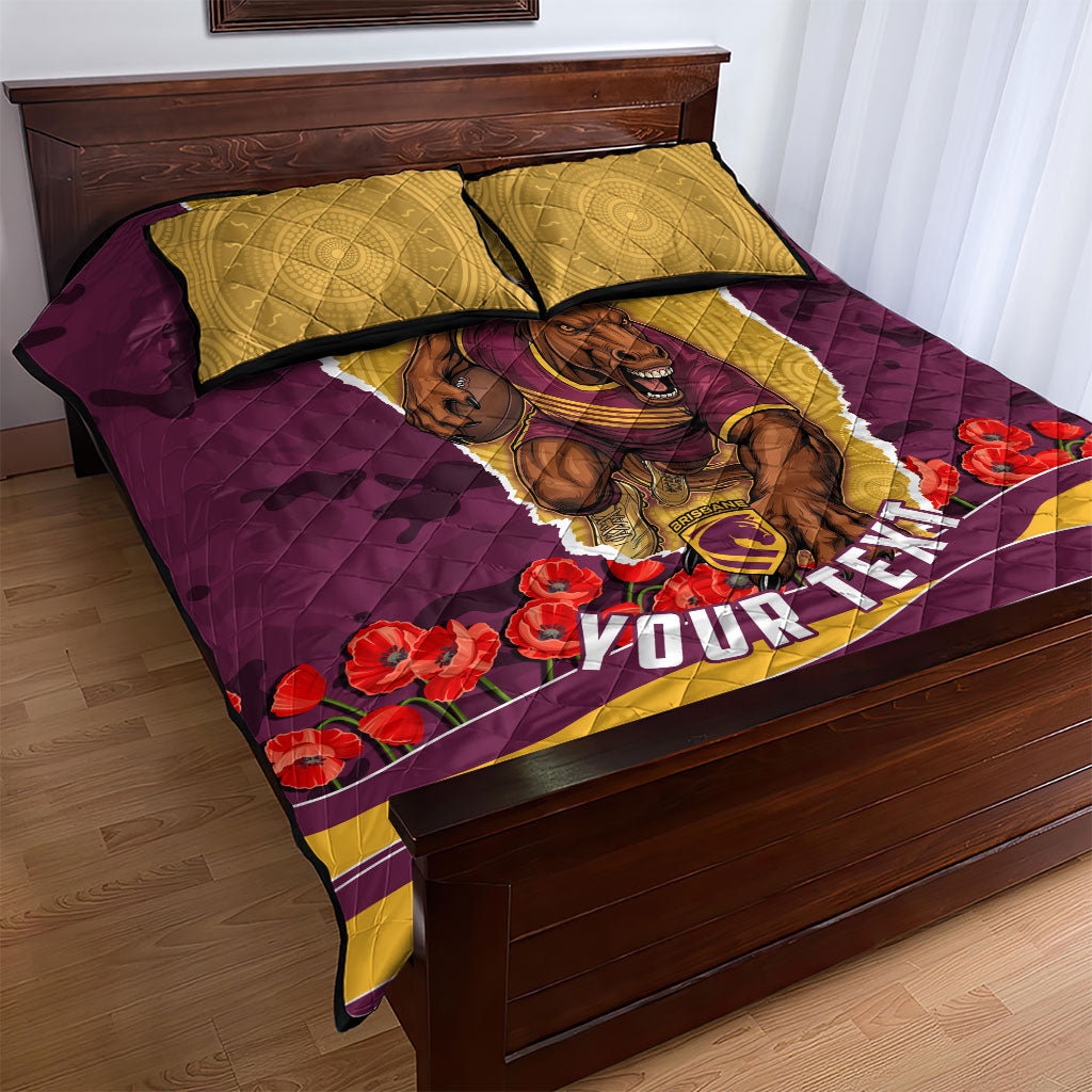 Personalized Brisbane Broncos ANZAC Tribute Quilt Bed Set Poppy Field Soldier Silhouette Aboriginal Rugby Mascot
