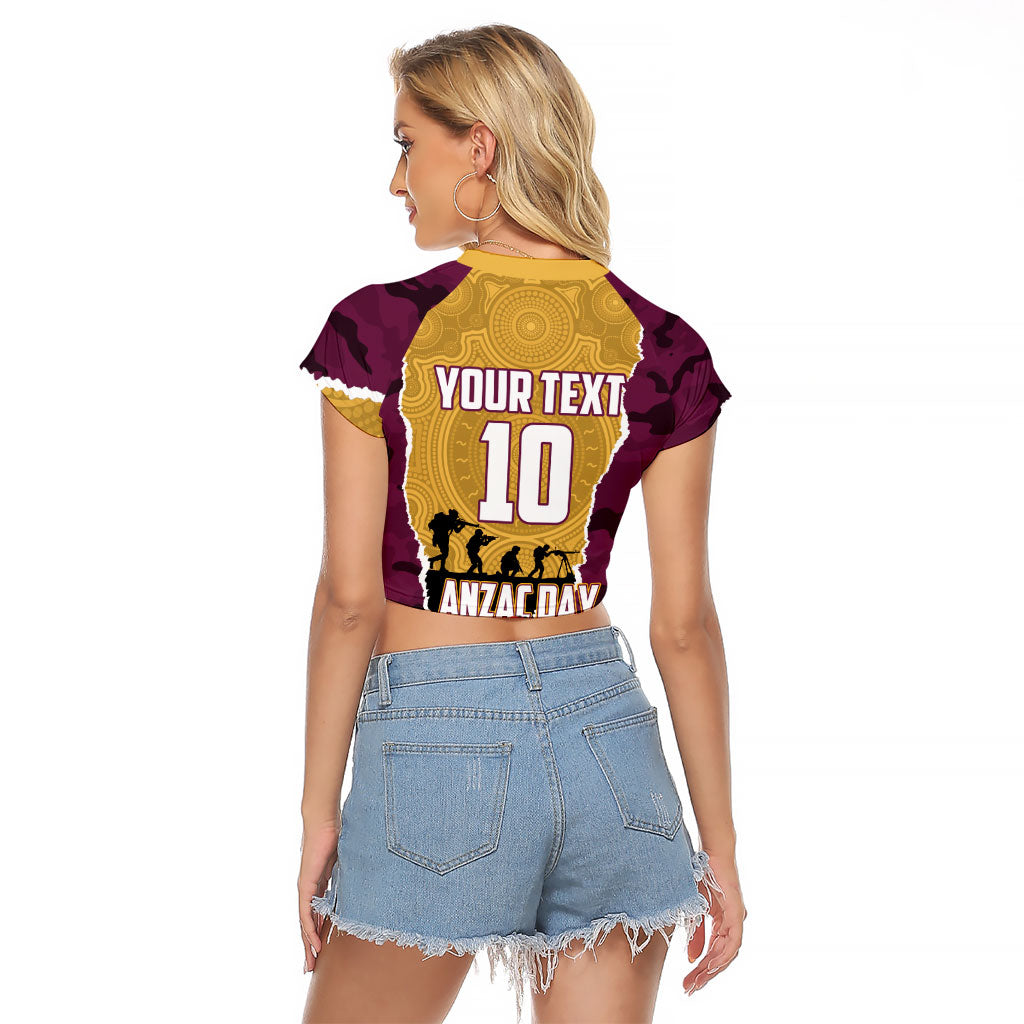 Personalized Brisbane Broncos ANZAC Tribute Raglan Cropped T Shirt Poppy Field Soldier Silhouette Aboriginal Rugby Mascot