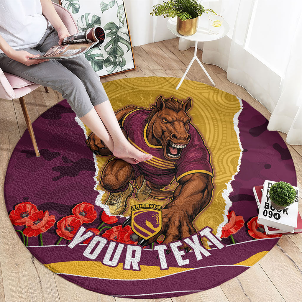 Personalized Brisbane Broncos ANZAC Tribute Round Carpet Poppy Field Soldier Silhouette Aboriginal Rugby Mascot