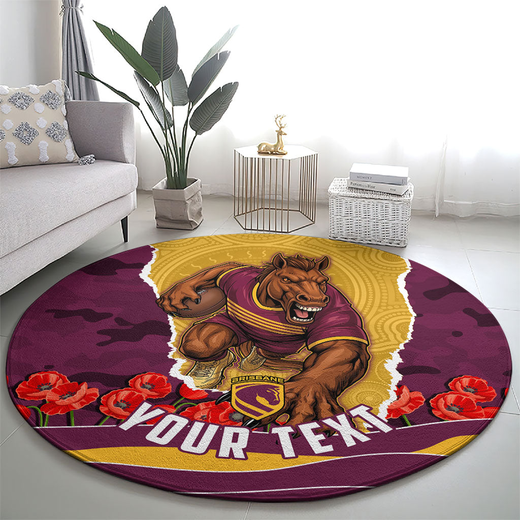 Personalized Brisbane Broncos ANZAC Tribute Round Carpet Poppy Field Soldier Silhouette Aboriginal Rugby Mascot