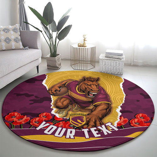 Personalized Brisbane Broncos ANZAC Tribute Round Carpet Poppy Field Soldier Silhouette Aboriginal Rugby Mascot