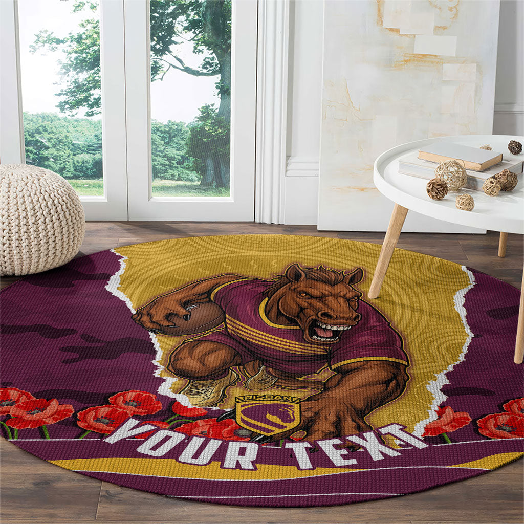 Personalized Brisbane Broncos ANZAC Tribute Round Carpet Poppy Field Soldier Silhouette Aboriginal Rugby Mascot