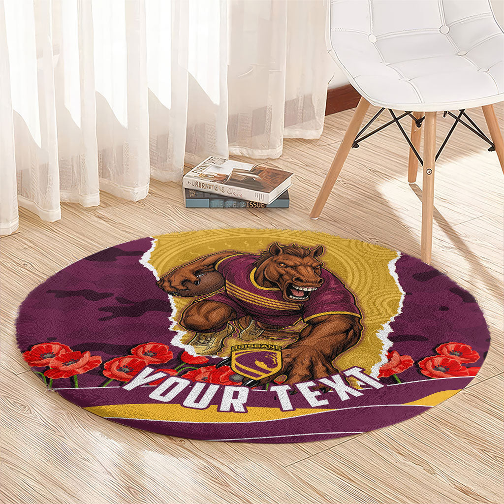 Personalized Brisbane Broncos ANZAC Tribute Round Carpet Poppy Field Soldier Silhouette Aboriginal Rugby Mascot