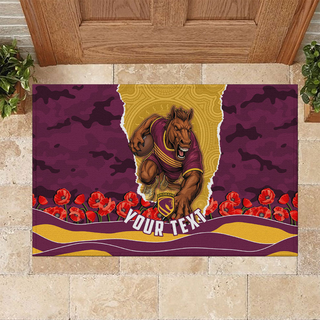 Personalized Brisbane Broncos ANZAC Tribute Rubber Doormat Poppy Field Soldier Silhouette Aboriginal Rugby Mascot
