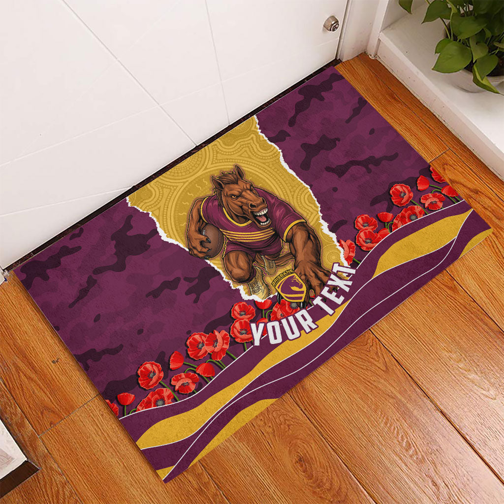 Personalized Brisbane Broncos ANZAC Tribute Rubber Doormat Poppy Field Soldier Silhouette Aboriginal Rugby Mascot