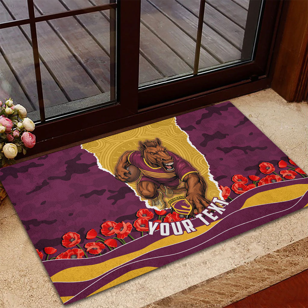 Personalized Brisbane Broncos ANZAC Tribute Rubber Doormat Poppy Field Soldier Silhouette Aboriginal Rugby Mascot