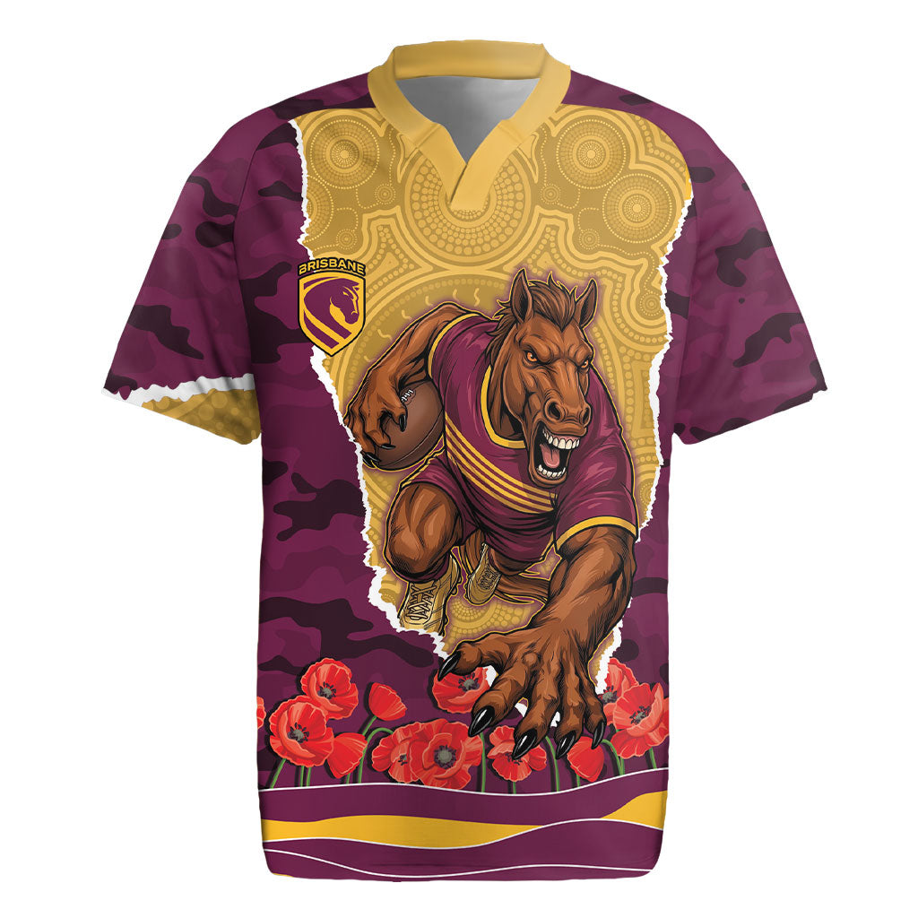 Personalized Brisbane Broncos ANZAC Tribute Rugby Jersey Poppy Field Soldier Silhouette Aboriginal Rugby Mascot