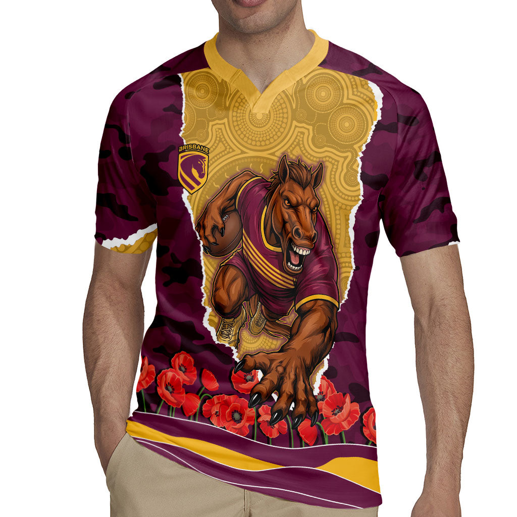 Personalized Brisbane Broncos ANZAC Tribute Rugby Jersey Poppy Field Soldier Silhouette Aboriginal Rugby Mascot