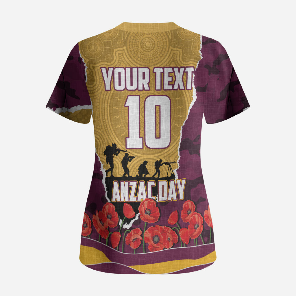 Personalized Brisbane Broncos ANZAC Tribute Scrub Top Poppy Field Soldier Silhouette Aboriginal Rugby Mascot
