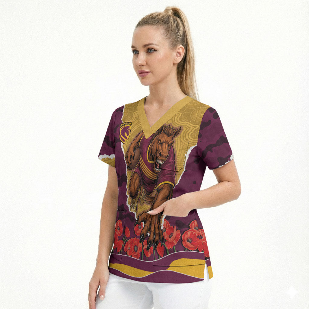 Personalized Brisbane Broncos ANZAC Tribute Scrub Top Poppy Field Soldier Silhouette Aboriginal Rugby Mascot