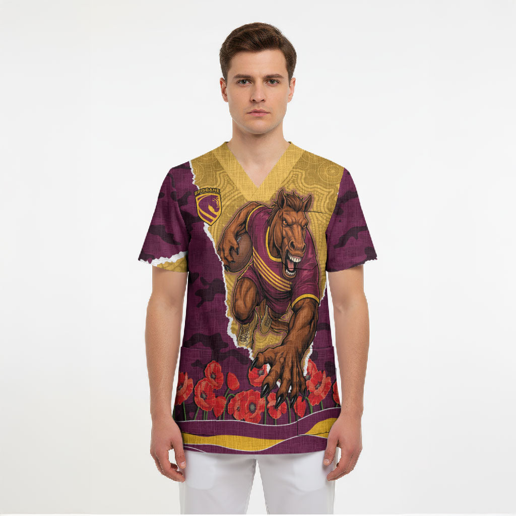 Personalized Brisbane Broncos ANZAC Tribute Scrub Top Poppy Field Soldier Silhouette Aboriginal Rugby Mascot
