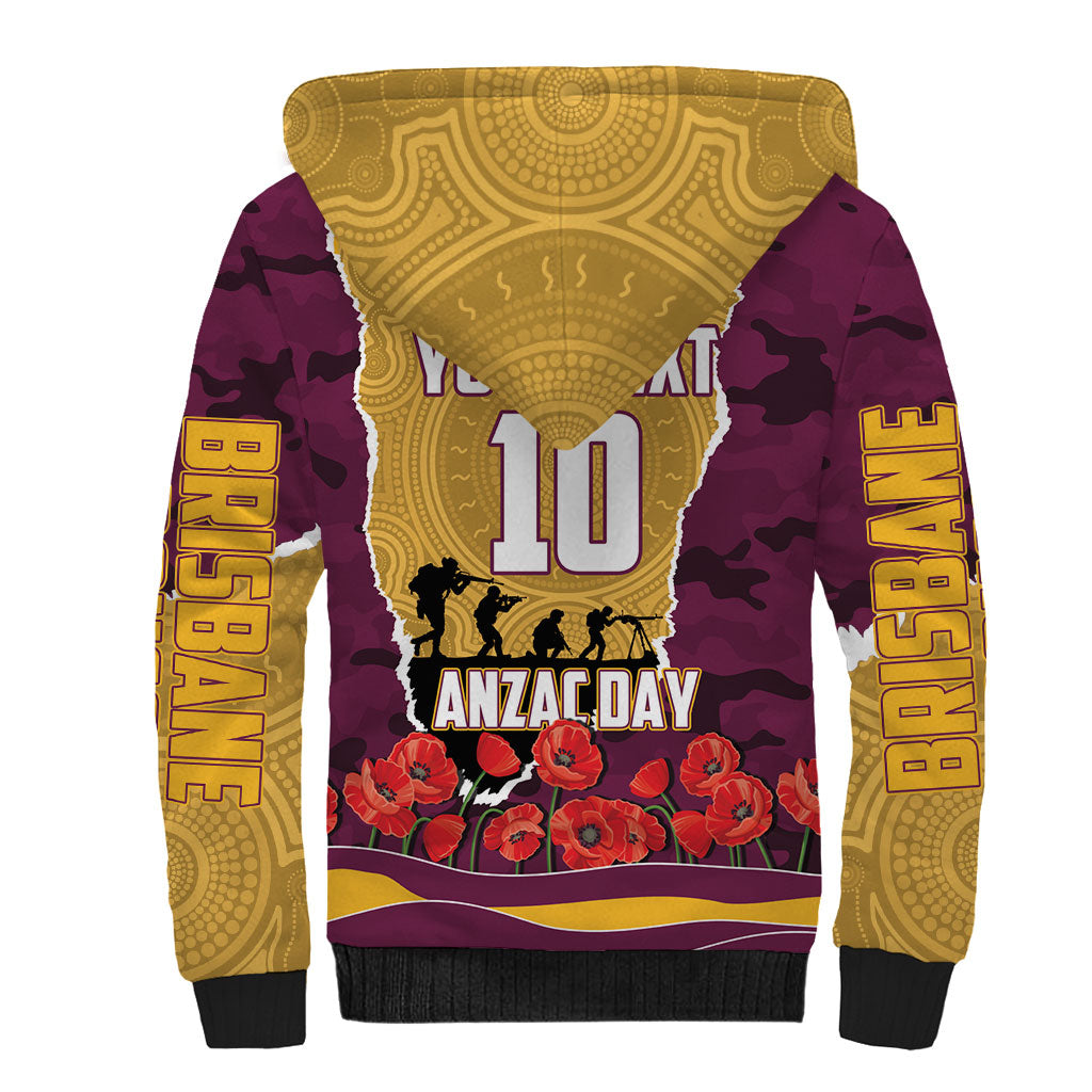 Personalized Brisbane Broncos ANZAC Tribute Sherpa Hoodie Poppy Field Soldier Silhouette Aboriginal Rugby Mascot