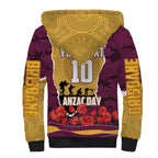 Personalized Brisbane Broncos ANZAC Tribute Sherpa Hoodie Poppy Field Soldier Silhouette Aboriginal Rugby Mascot