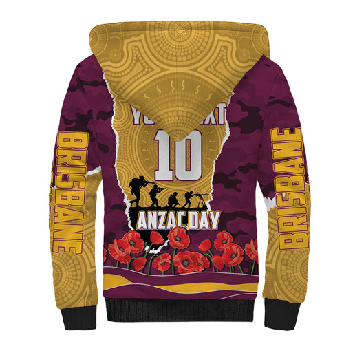 Personalized Brisbane Broncos ANZAC Tribute Sherpa Hoodie Poppy Field Soldier Silhouette Aboriginal Rugby Mascot