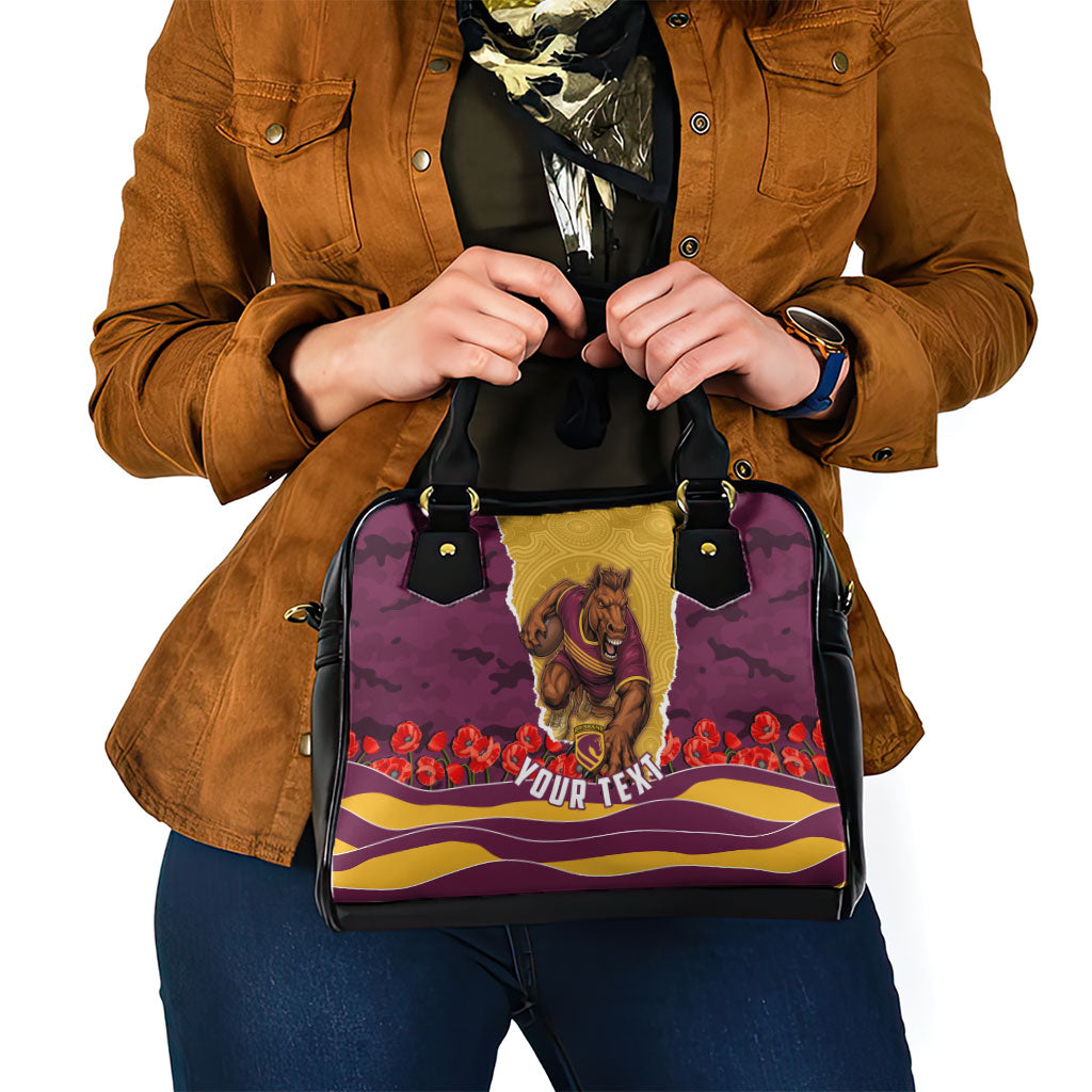Personalized Brisbane Broncos ANZAC Tribute Shoulder Handbag Poppy Field Soldier Silhouette Aboriginal Rugby Mascot