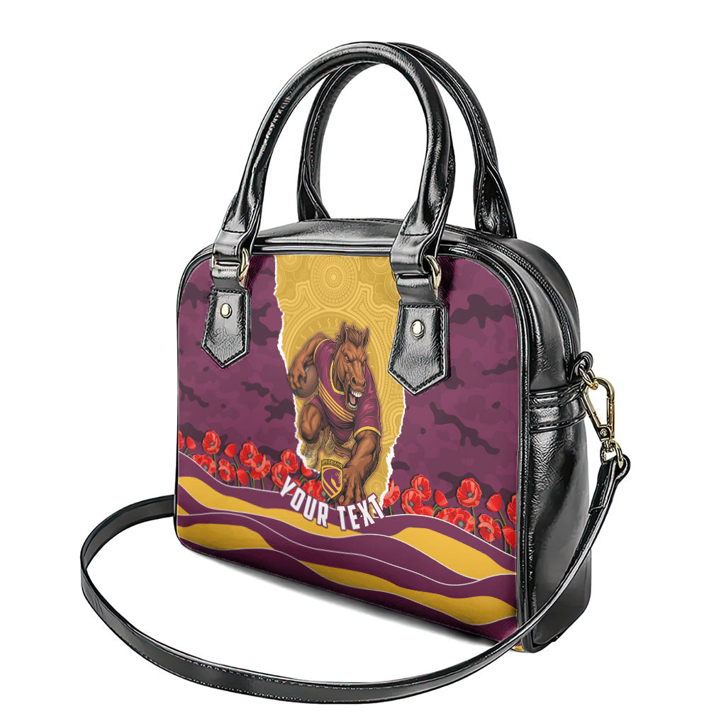 Personalized Brisbane Broncos ANZAC Tribute Shoulder Handbag Poppy Field Soldier Silhouette Aboriginal Rugby Mascot