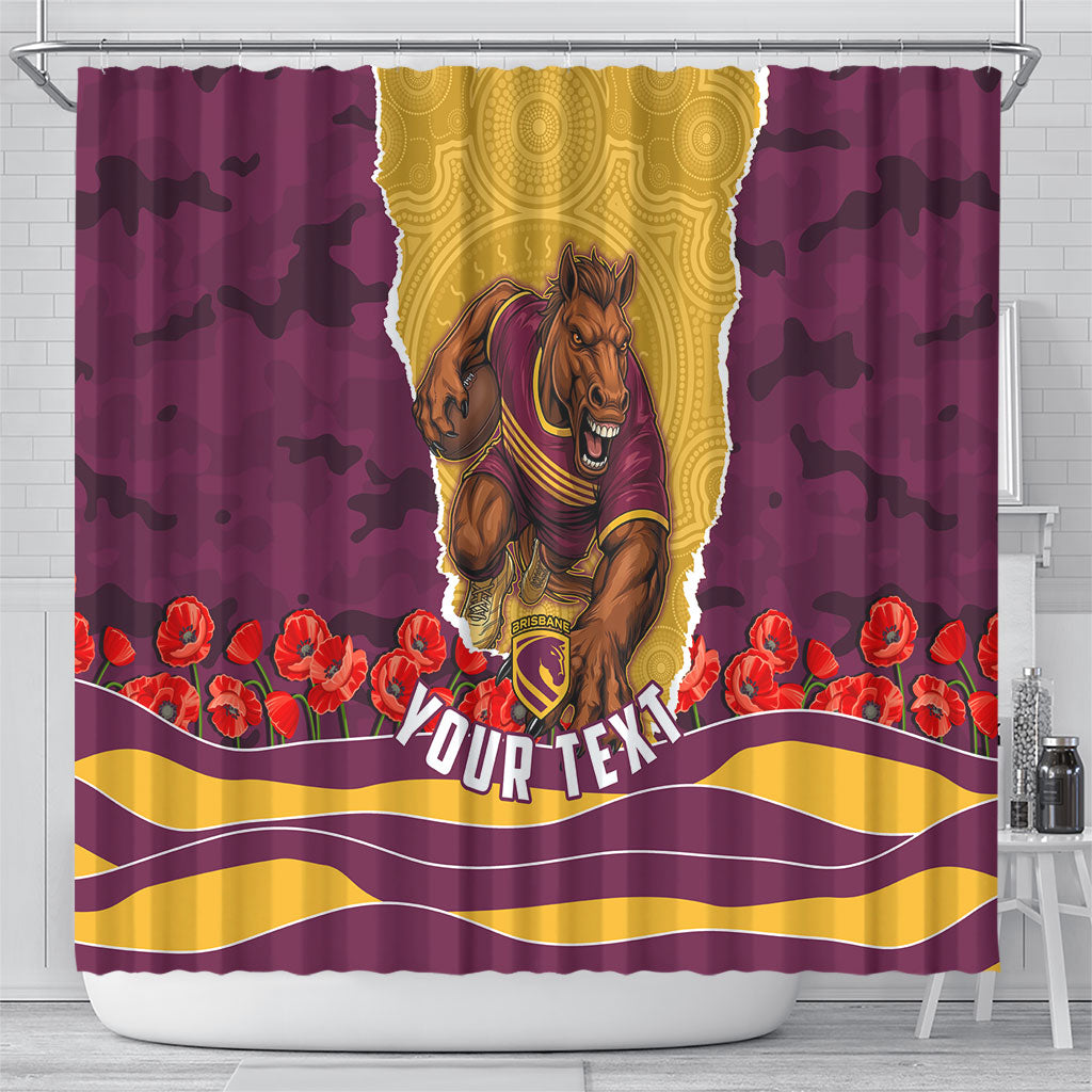 Personalized Brisbane Broncos ANZAC Tribute Shower Curtain Poppy Field Soldier Silhouette Aboriginal Rugby Mascot