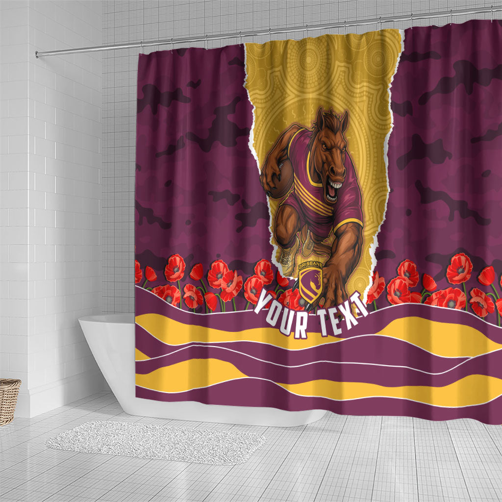 Personalized Brisbane Broncos ANZAC Tribute Shower Curtain Poppy Field Soldier Silhouette Aboriginal Rugby Mascot