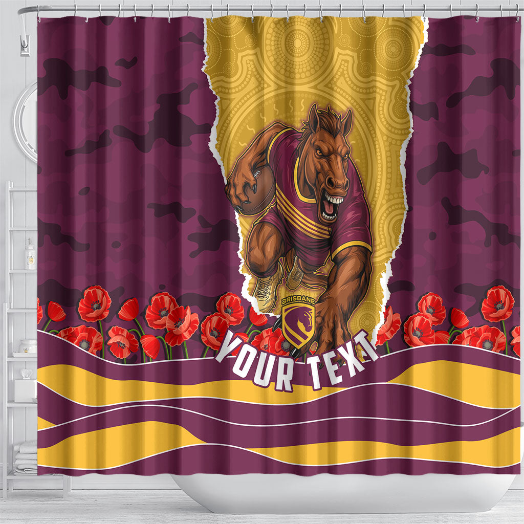 Personalized Brisbane Broncos ANZAC Tribute Shower Curtain Poppy Field Soldier Silhouette Aboriginal Rugby Mascot