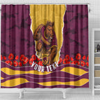Personalized Brisbane Broncos ANZAC Tribute Shower Curtain Poppy Field Soldier Silhouette Aboriginal Rugby Mascot