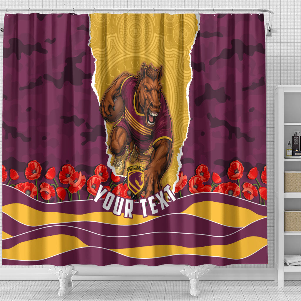 Personalized Brisbane Broncos ANZAC Tribute Shower Curtain Poppy Field Soldier Silhouette Aboriginal Rugby Mascot