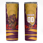 Personalized Brisbane Broncos ANZAC Tribute Skinny Tumbler Poppy Field Soldier Silhouette Aboriginal Rugby Mascot