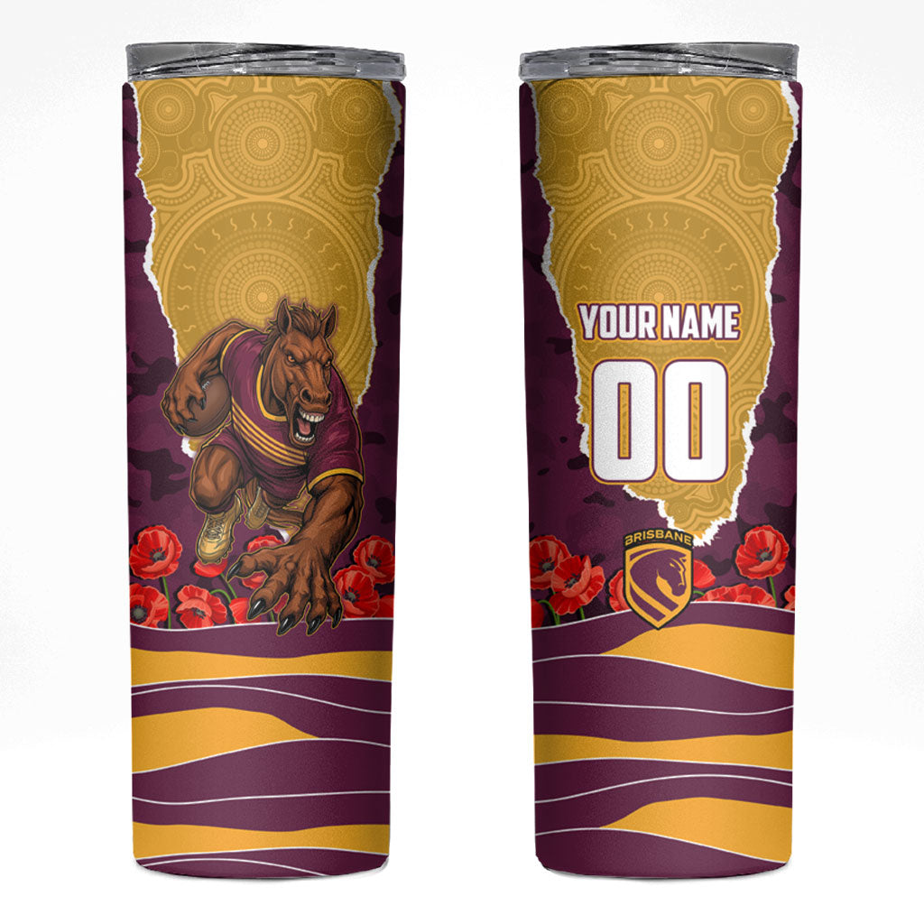 Personalized Brisbane Broncos ANZAC Tribute Skinny Tumbler Poppy Field Soldier Silhouette Aboriginal Rugby Mascot