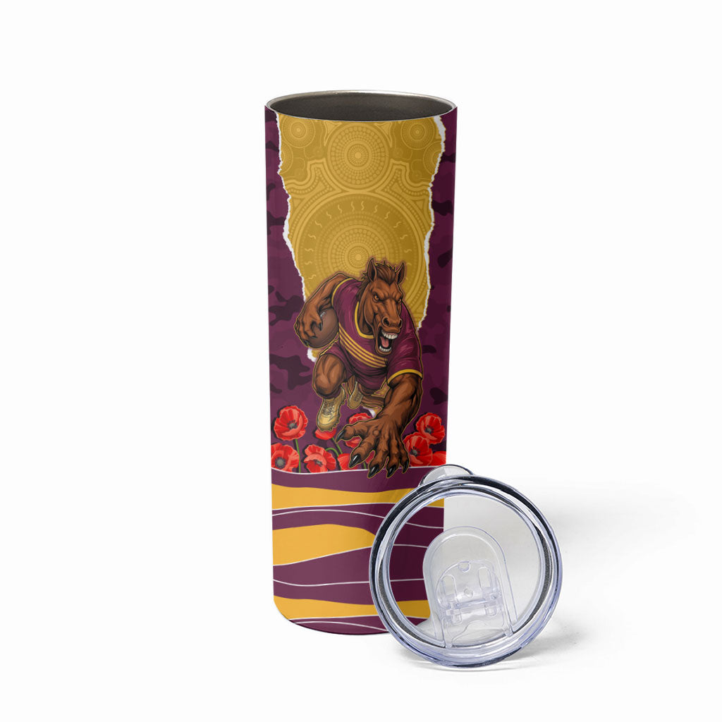 Personalized Brisbane Broncos ANZAC Tribute Skinny Tumbler Poppy Field Soldier Silhouette Aboriginal Rugby Mascot