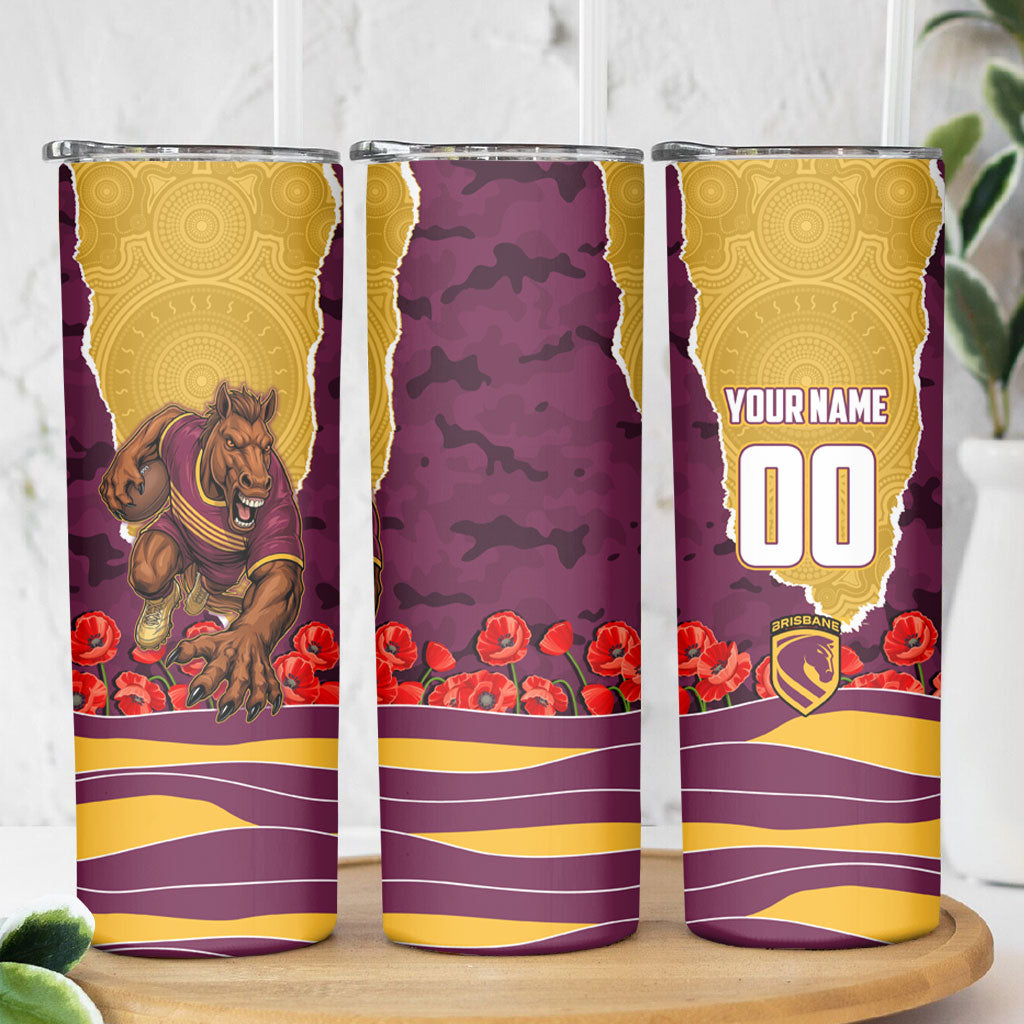 Personalized Brisbane Broncos ANZAC Tribute Skinny Tumbler Poppy Field Soldier Silhouette Aboriginal Rugby Mascot