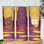 Personalized Brisbane Broncos ANZAC Tribute Skinny Tumbler Poppy Field Soldier Silhouette Aboriginal Rugby Mascot